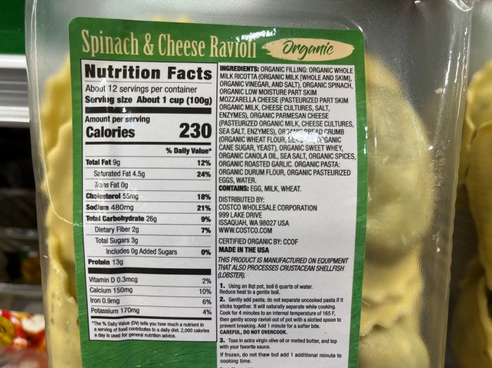 Costco spinach and cheese ravioli nutrition